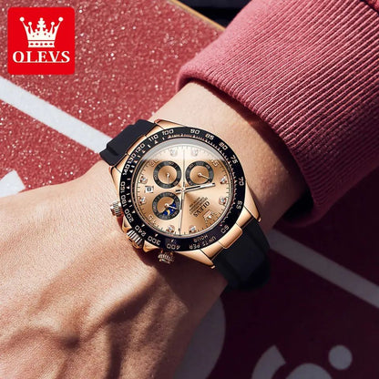 Olevs 2875 Luxury Silicone Rubber strap Luminous Chronograph business Wrist watch for Men’s- Rose Gold