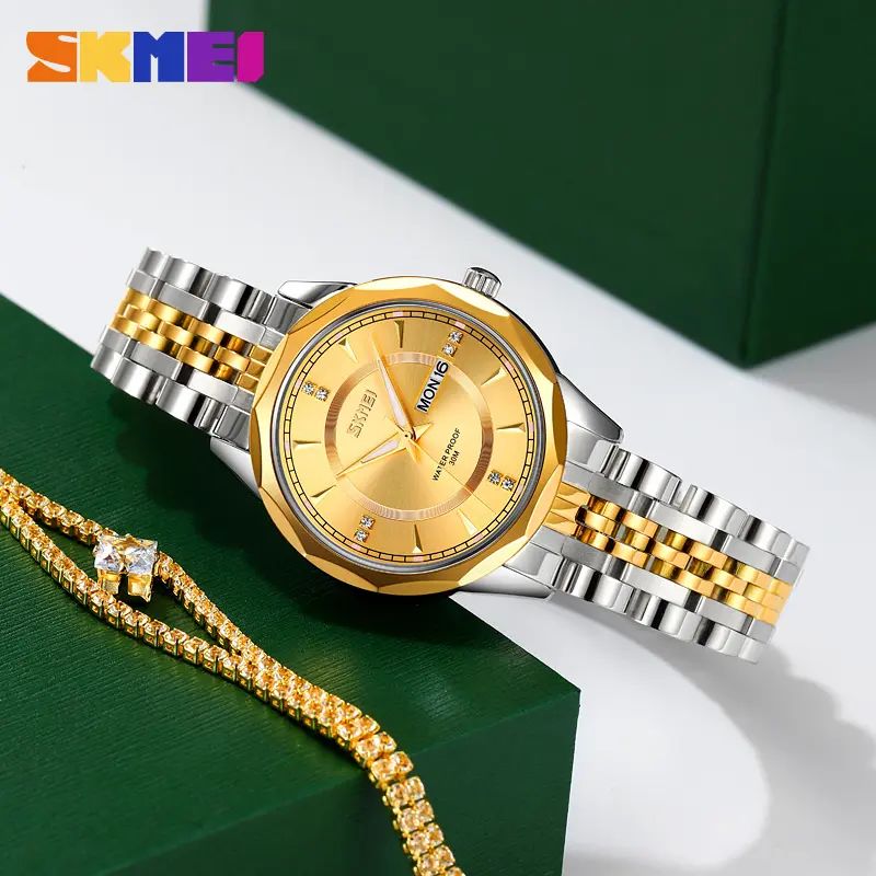 SKMEI 9264 classy elegant diamond cart stainless steel Luminous Ladies watch- Silver Gold