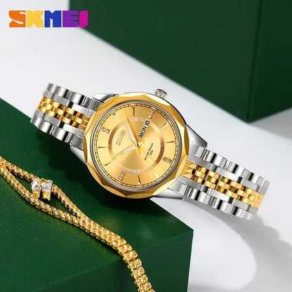 SKMEI 9264 classy elegant diamond cart stainless steel Luminous Ladies watch- Silver Gold