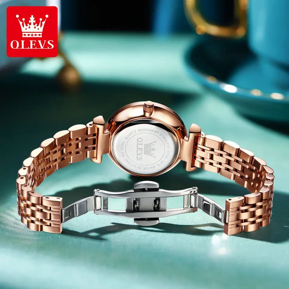 OLEVS 5536 Diamond Cart Luxury Exquisite Water-resistant Ladies Watch- Rose Gold & White