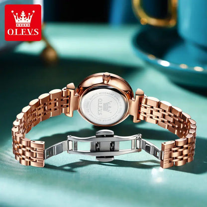 OLEVS 5536 Diamond Cart Luxury Exquisite Water-resistant Ladies Watch- Rose Gold & White