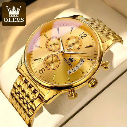 Olevs 2867 Stainless Steel Chronograph Wrist Watch For Men - Gold