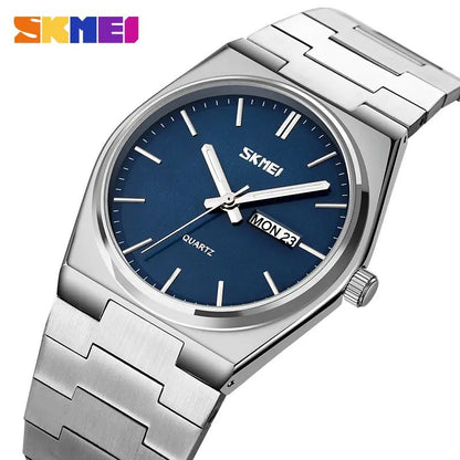 Skmei 9288 stainless steel luxury men round wristwatch for Men's- Silver Blue