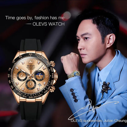 Olevs 2875 Luxury Silicone Rubber strap Luminous Chronograph business Wrist watch for Men’s- Rose Gold