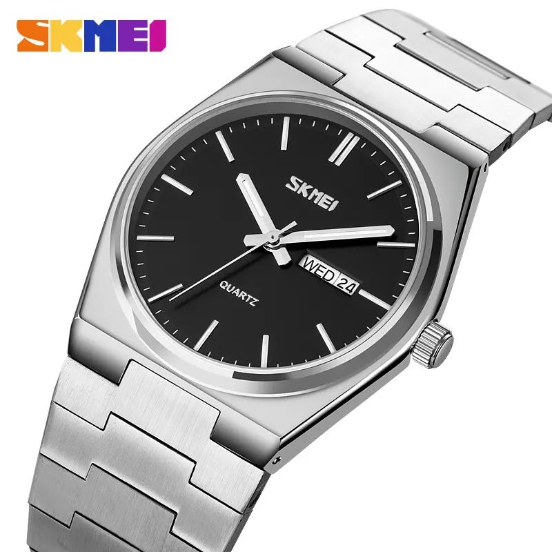Skmei 9288 stainless steel luxury men round wristwatch for Men's- Silver Black
