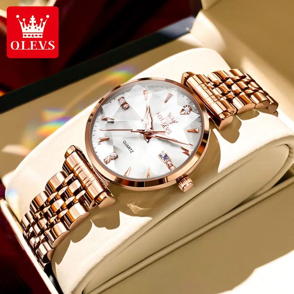 OLEVS 5536 Diamond Cart Luxury Exquisite Water-resistant Ladies Watch- Rose Gold & White