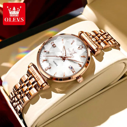 OLEVS 5536 Diamond Cart Luxury Exquisite Water-resistant Ladies Watch- Rose Gold & White