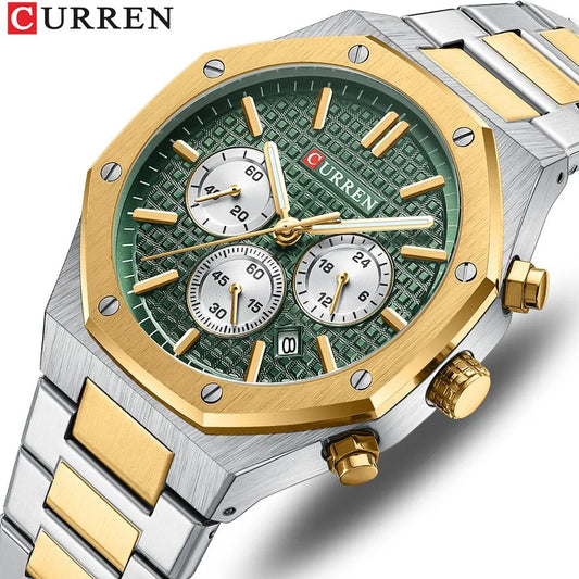 CURREN 8440 Authentic Stainless steel Band Chronograph special business watch kit watch for Men’s- Silver Gold & Green