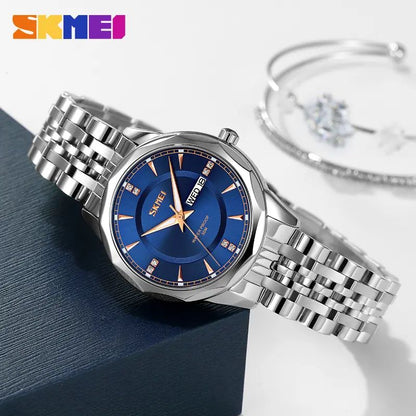 SKMEI 9264 classy elegant diamond cart stainless steel Luminous Ladies watch- Silver Blue
