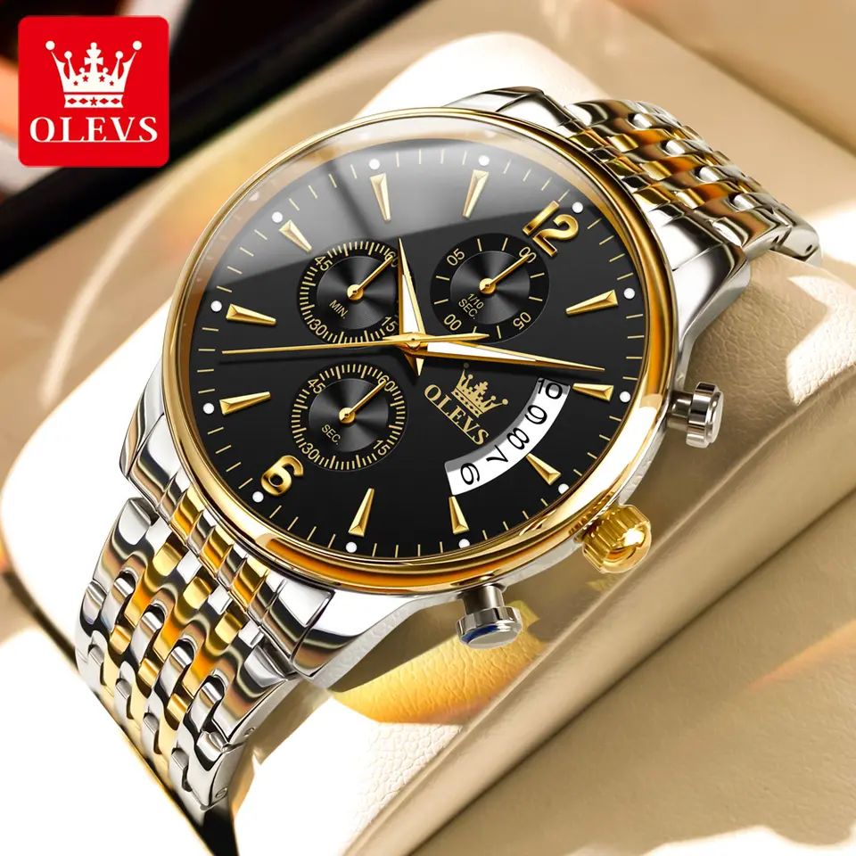 Olevs 2867 Stainless Steel Chronograph Wrist Watch For Men - Silver Gold & Black