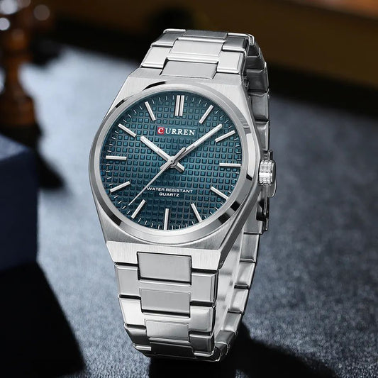 CURREN 8439 Top Brand Luxury Stainless Steel Quartz Man Wristwatch- Silver Blue