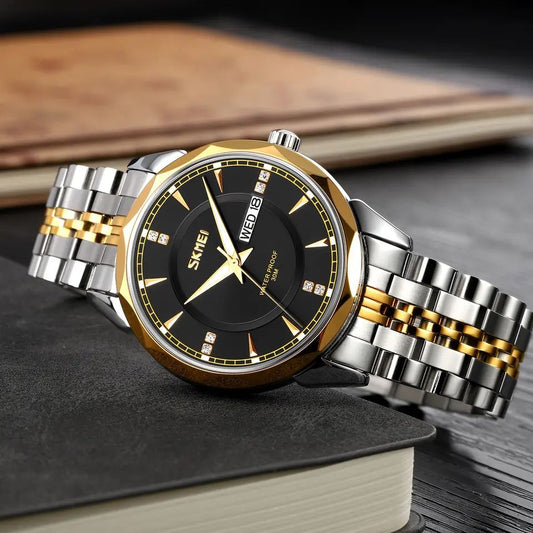 SKMEI 9268 japan movement quartz Stainless Steel Wristwatch for Men's- Silver Gold & Black