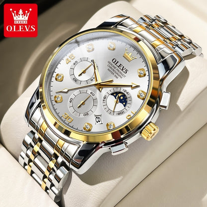 Olevs 2889 Luxury Chronograph Stainless Steel Luminous Quartz Men watch- Silver Gold & white