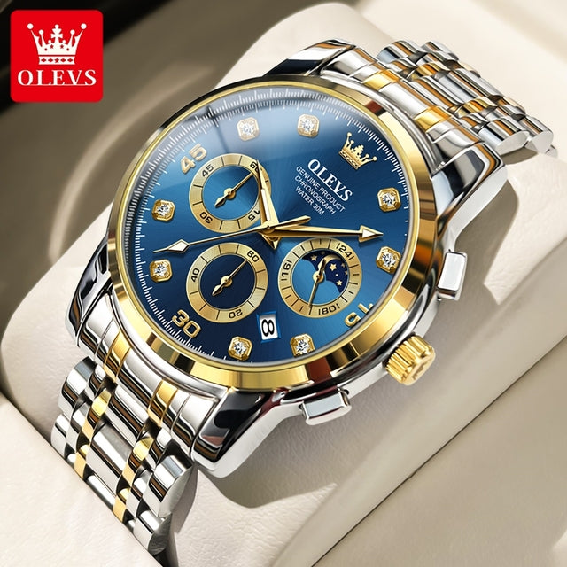 Olevs 2889 Luxury Chronograph Stainless Steel Luminous Quartz Men watch- Silver Gold & Blue