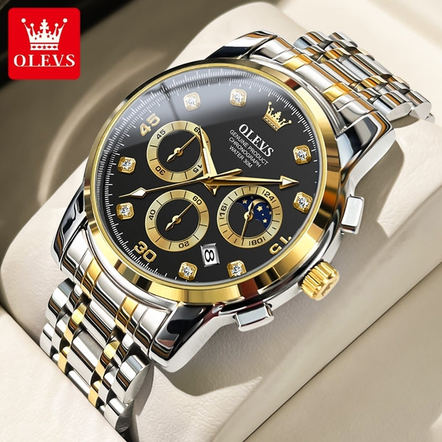 Olevs 2889 Luxury Chronograph Stainless Steel Luminous Quartz Men watch- Silver Gold & Black