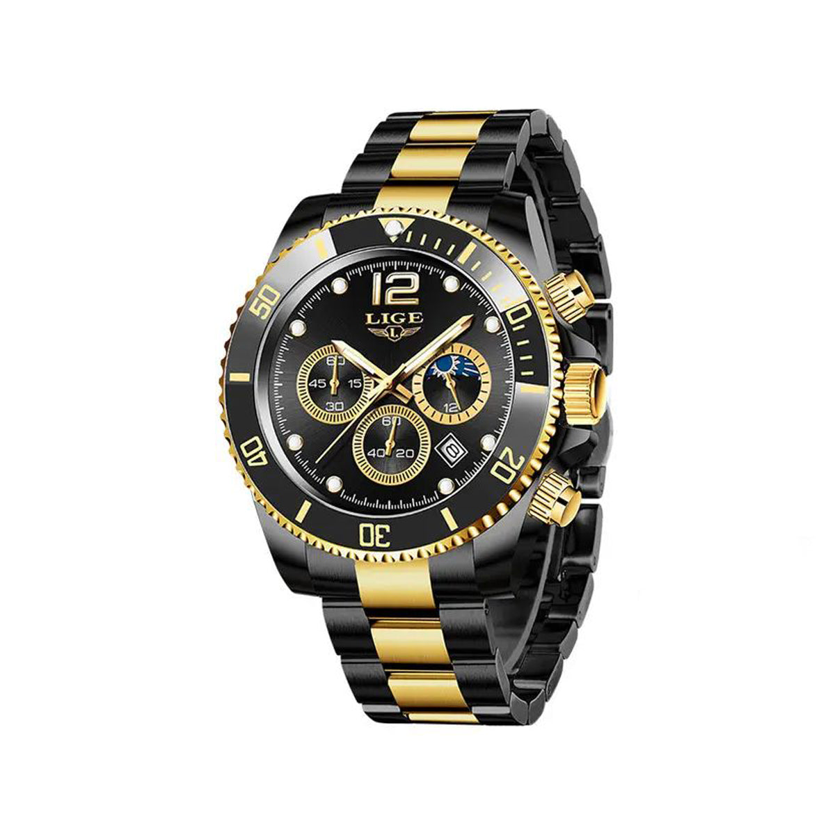 LIGE 8924 Elegant Stainless Steel Three Dial Quartz Men’s Wristwatch- Black & Gold