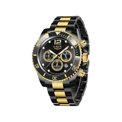 LIGE 8924 Elegant Stainless Steel Three Dial Quartz Men’s Wristwatch- Black & Gold