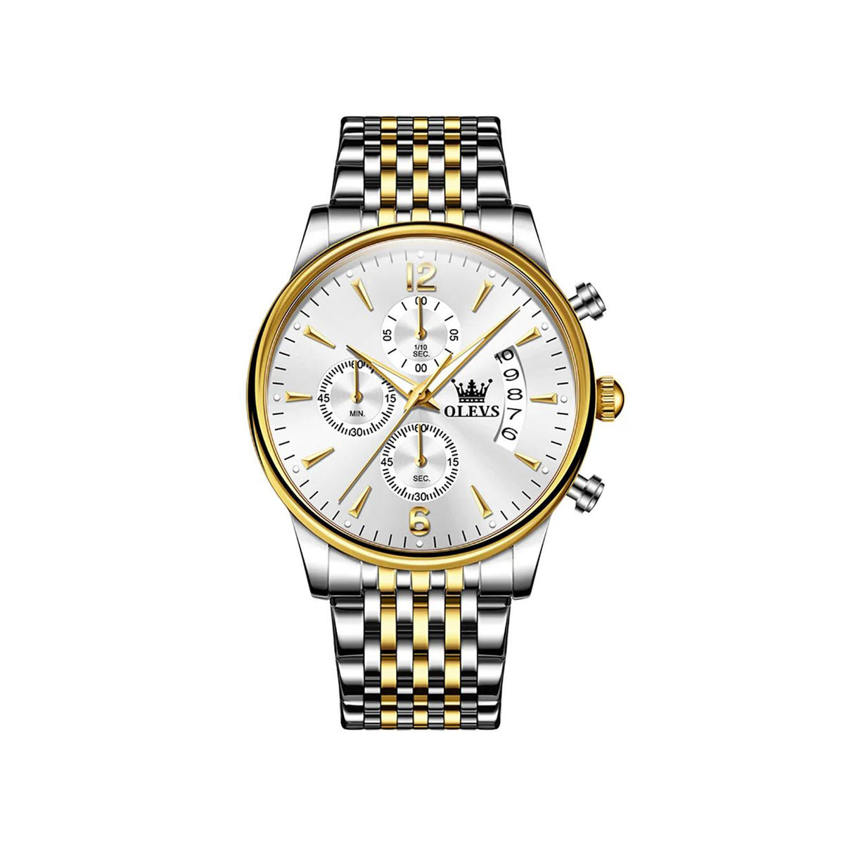 Olevs 2867 Stainless Steel Chronograph Wrist Watch For Men - Silver Gold & white