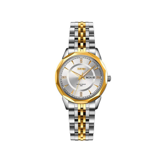 SKMEI 9264 classy elegant diamond cart stainless steel Luminous Ladies watch- Silver Gold & White
