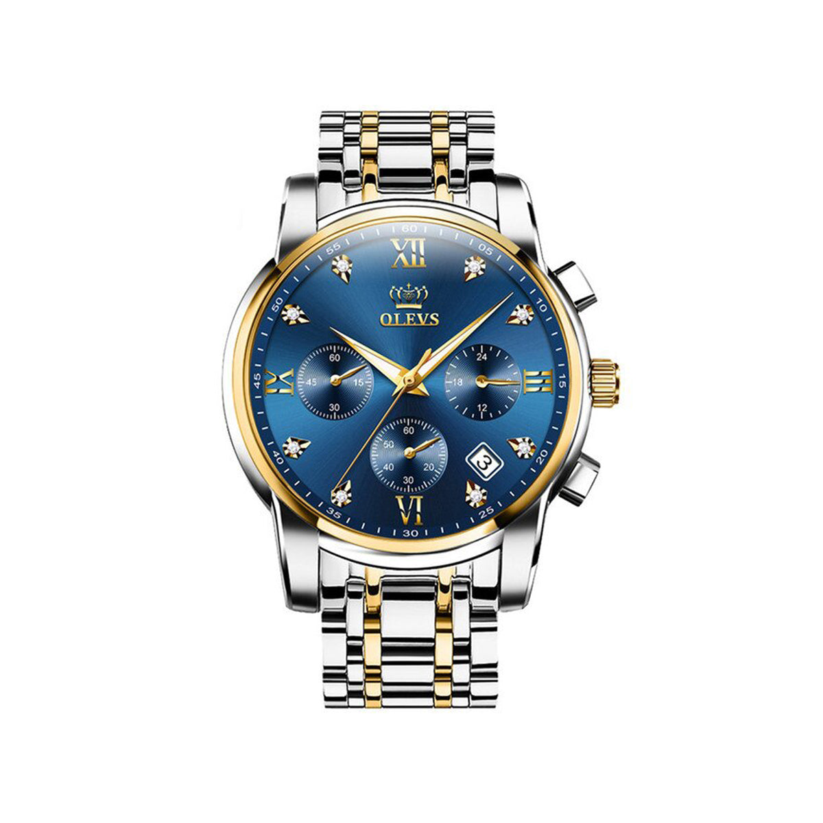OLEVS 2858 Luxury Luminous Chronograph Men wristwatch- Silver Gold & Blue