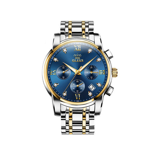 OLEVS 2858 Luxury Luminous Chronograph Men wristwatch- Silver Gold & Blue