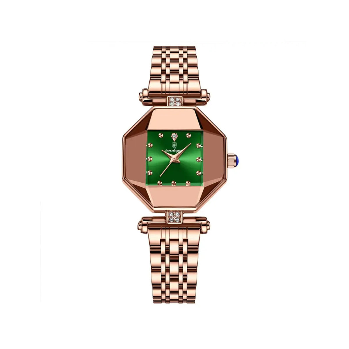 POEDAGAR 368 Luxury Casual Diamond Stainless Fashion Women Quartz Ladies Watch- Rose Gold & Green