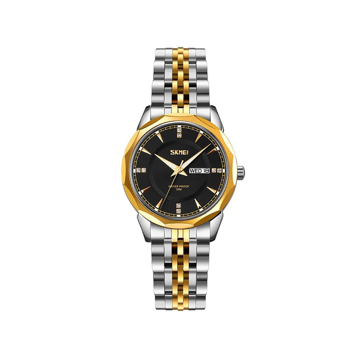 SKMEI 9264 classy elegant diamond cart stainless steel Luminous Ladies watch- Silver Gold & Black