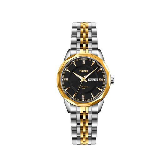 SKMEI 9264 classy elegant diamond cart stainless steel Luminous Ladies watch- Silver Gold & Black