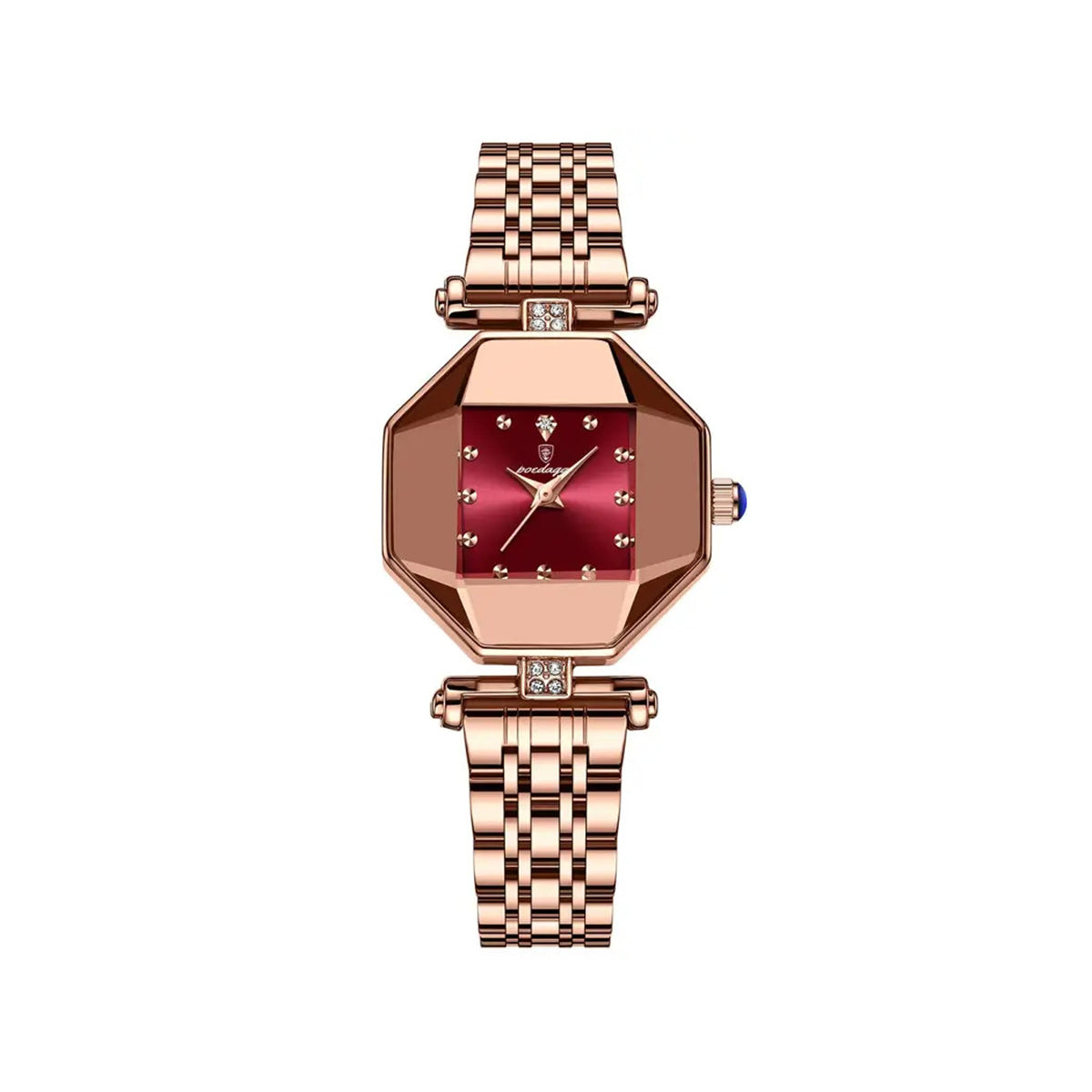 POEDAGAR 368 Luxury Casual Diamond Stainless Fashion Women Quartz Ladies Watch- Rose Gold & Red