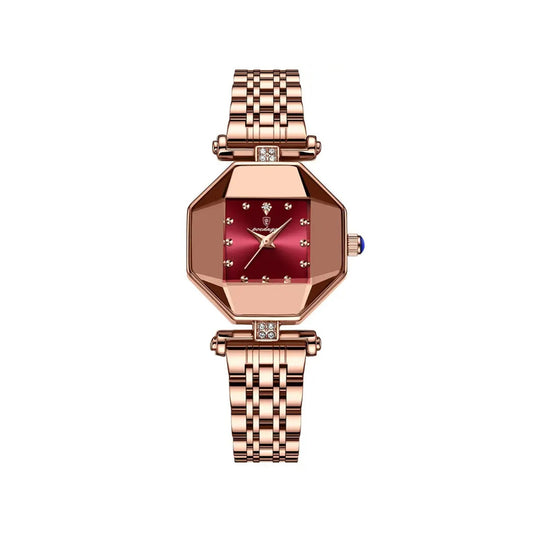POEDAGAR 368 Luxury Casual Diamond Stainless Fashion Women Quartz Ladies Watch- Rose Gold & Red