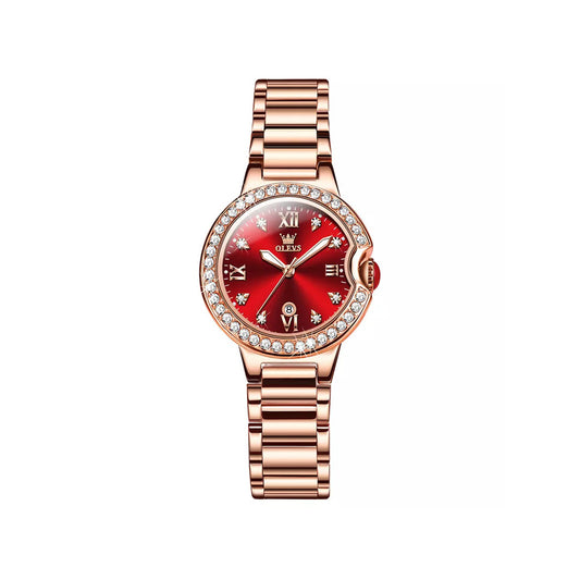 Olevs 5518 Luxury Fashion Quartz Wrist Watch for women- Rose Gold & Red