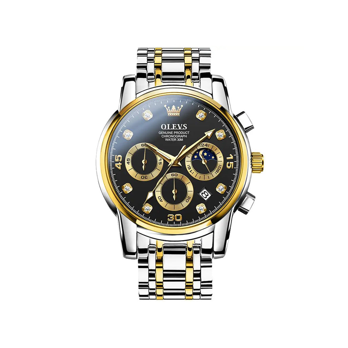 Olevs 2889 Luxury Chronograph Stainless Steel Luminous Quartz Men watch- Silver Gold & Black