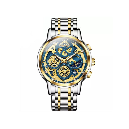 OLEVS 9947 Hollow-Carved Trendy Design Stainless Steel Chronograph Luminous Multifunctional Watch for Men’s- Silver Gold & Blue