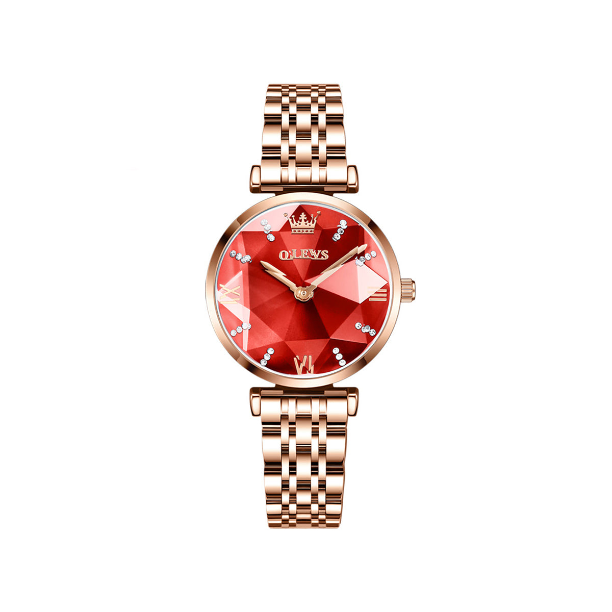 OLEVS 6642 Diamond Cart Stainless Steel Strap Japanese Movement Watch for women- Rose Gold & Red
