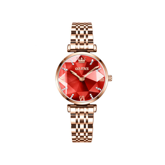 OLEVS 6642 Diamond Cart Stainless Steel Strap Japanese Movement Watch for women- Rose Gold & Red