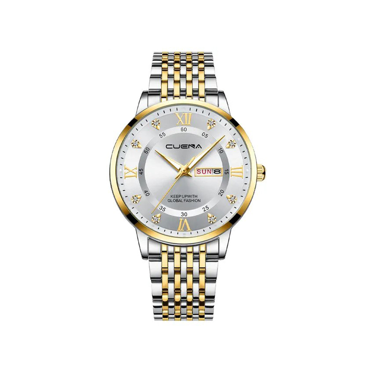 CUENA 6008 Top Brand Fashion Luxury Stainless Steel Wristwatch Diamond Dial Week Business Date Quartz Clock- Silver Gold