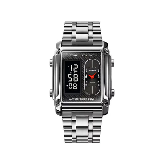 SKMEI 1868 Multiple Time Digital Analog Sport Stainless Steel Men’s Wristwatch- Silver