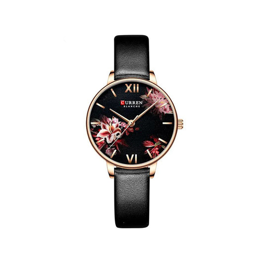 CURREN 9059 Fashion Floral Pattern Quartz Belt  Watch for Women - Black