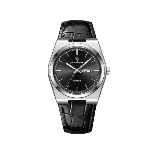 Poedagar 930 Elegant Ultra-Thin Gemstone Leather Luminous Quartz Watch- Black