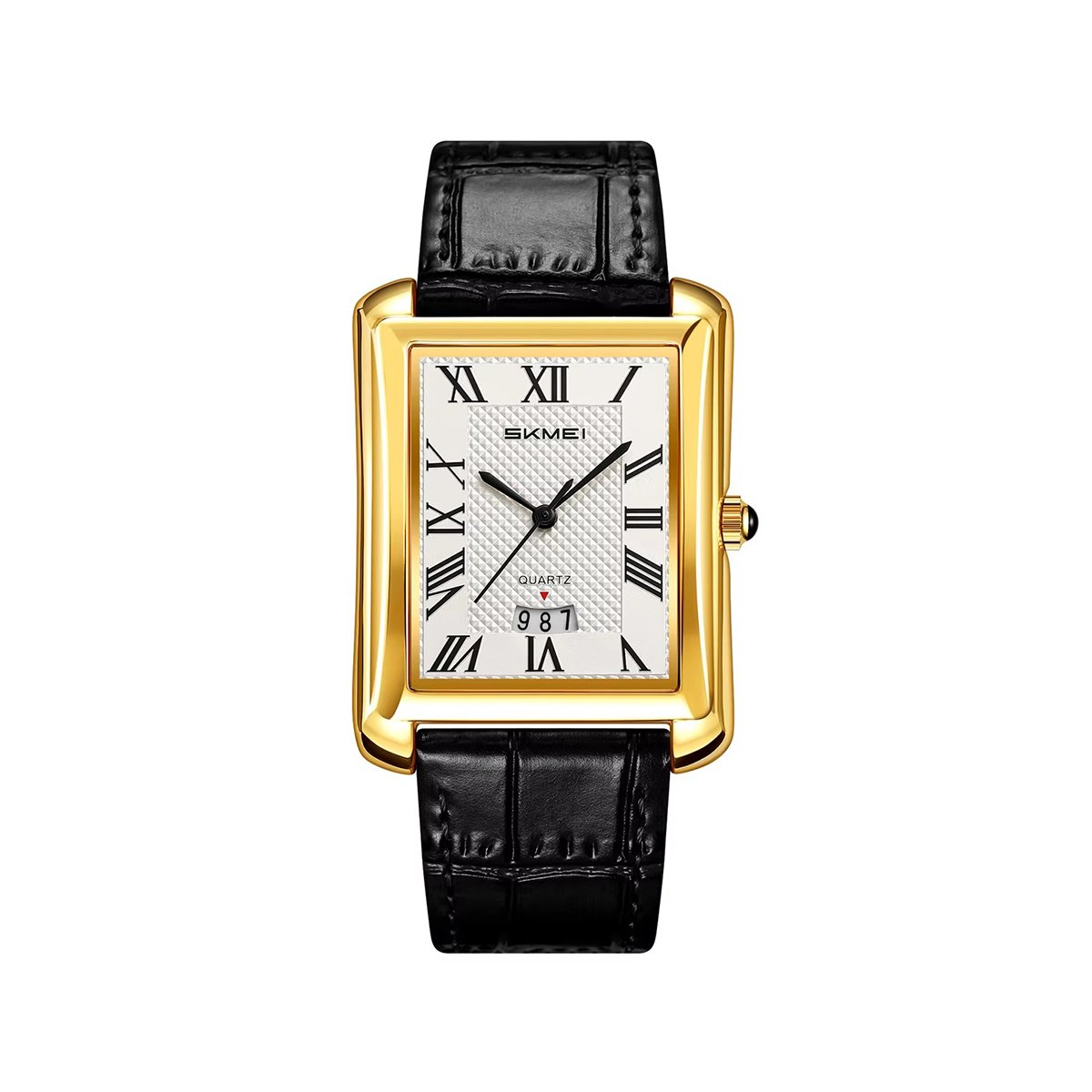 SKMEI 2575 Stainless Steel Luxury Quartz Movement Men’s Business Fashion Roman Numeral Square Case Leather Strap- Black Gold