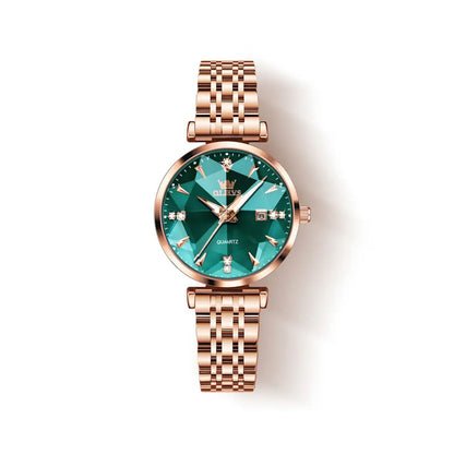 OLEVS 5536 Diamond Cart Luxury Exquisite Water-resistant Ladies Watch- Rose Gold & Green