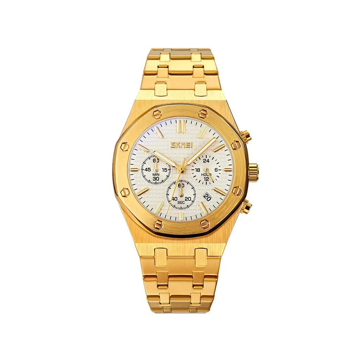 SKMEI 9296 New Model Luxury Stainless Steel Watch for Men - Gold & White