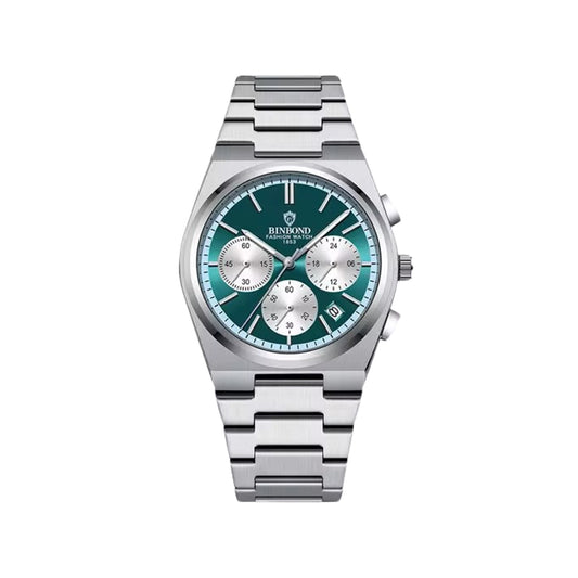 BINBOND 203 Stainless Steel Multifunctional Chronograph Business Wristwatch- Silver Green