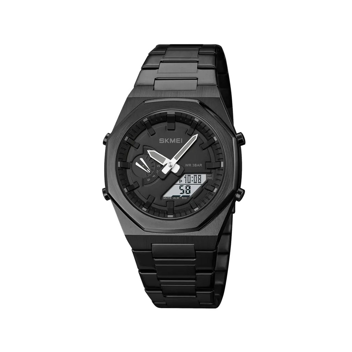 SKMEI 1816 Luxury Quartz Dual Time Stainless Steel Digital LED Watch for Men- Black