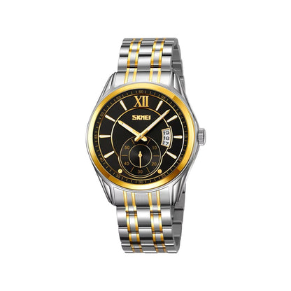 Skmei 9319 Quartz Luminous Luxury Stainless Steel Classic Calendar Men’s Wrist-watches- Silver Gold & Black