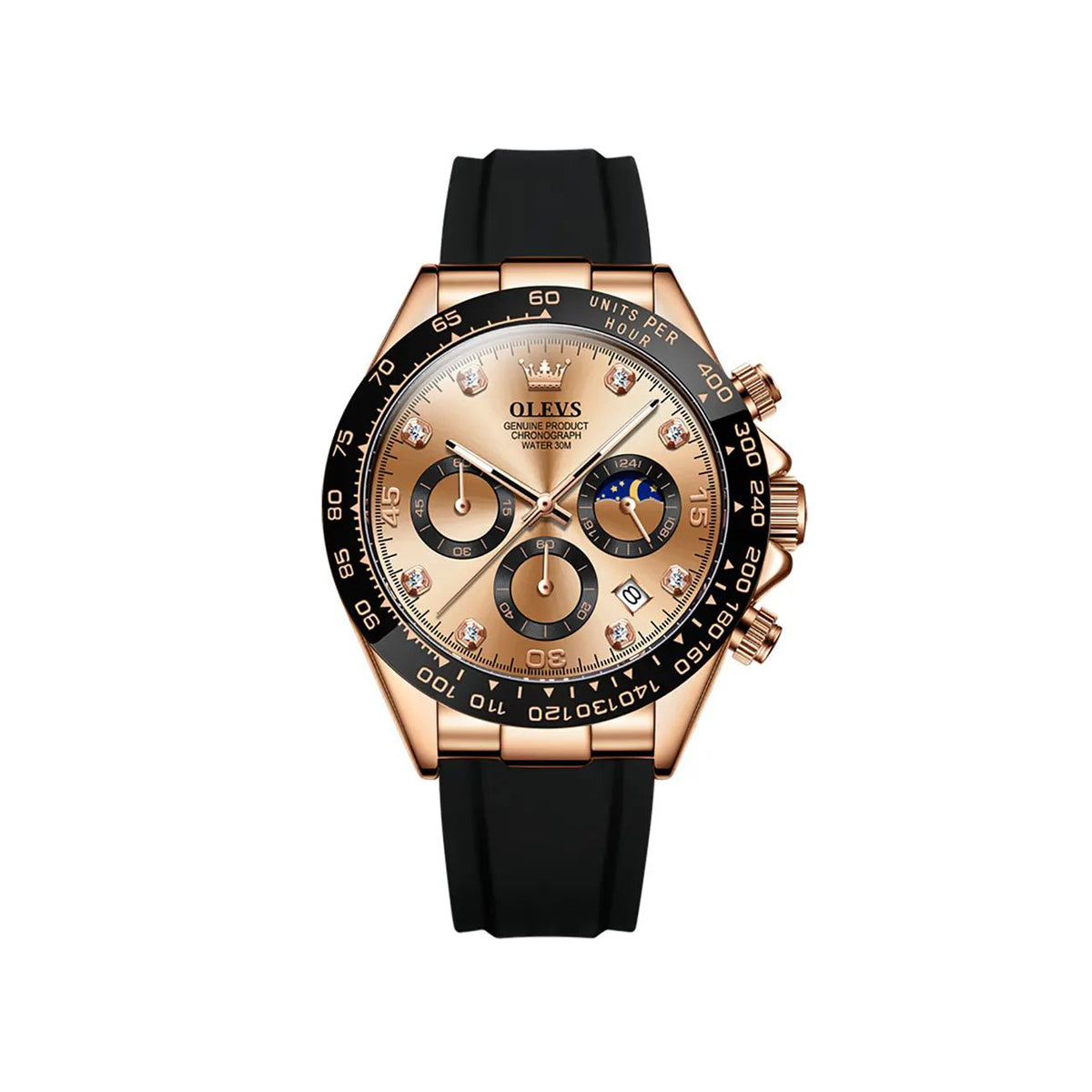 Olevs 2875 Luxury Silicone Rubber strap Luminous Chronograph business Wrist watch for Men’s- Rose Gold