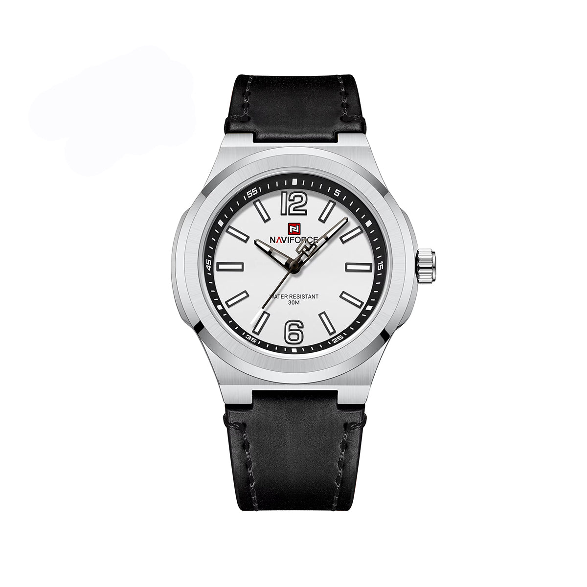 NAVIFORCE 9233 Casual Leather 42mm Dial Quartz Men’s Watch- Black Silver