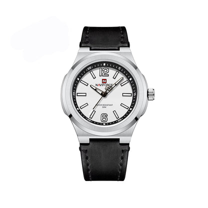NAVIFORCE 9233 Casual Leather 42mm Dial Quartz Men’s Watch- Black Silver