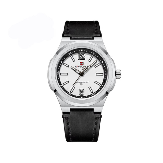 NAVIFORCE 9233 Casual Leather 42mm Dial Quartz Men’s Watch- Black Silver