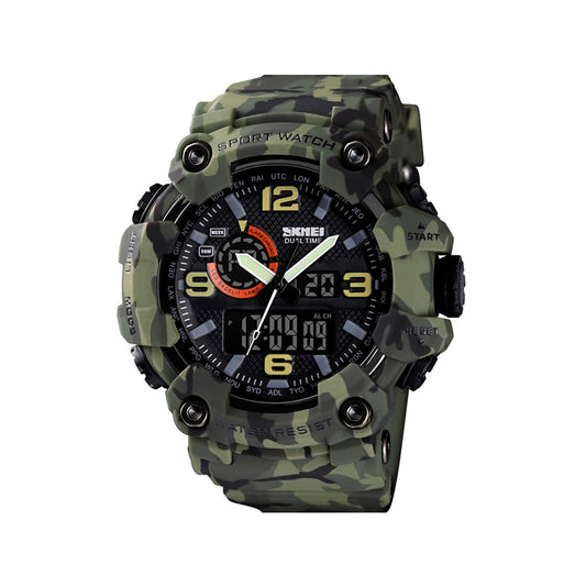 SKMEI 1520 Tactical Rugged Dual-Time 5ATM Waterproof Extreme Durable Military Watch for Men’s- Green Camo